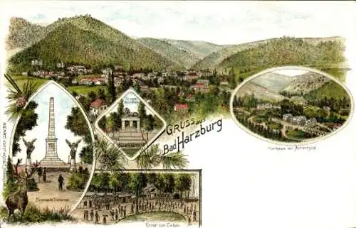 Litho Bad Harzburg am Harz, Bismarckdenkmal, Hirsch, Kurhaus, Kriegerdenkmal, Panorama