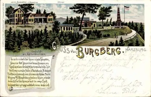 Litho Bad Harzburg am Harz, Hotel Burgberge, Brocken, Canossa Säule, Gedicht am Kaiserbrunnen