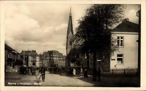 Ak Marne in Holstein Dithmarschen, Markt, Kirche, Hotel Ditmarser Hof