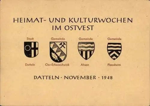 Wappen Ak Datteln im Ruhrgebiet Westfalen, Heimat- und Kulturwochen im Ostvest, 1948