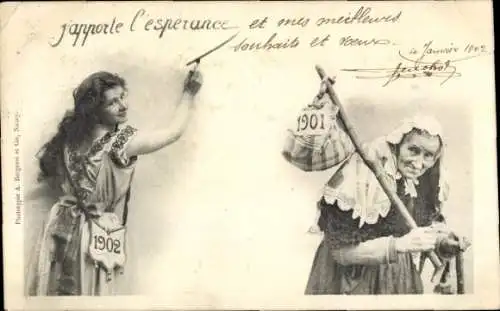 Ak Glückwunsch Neujahr, Alte und junge Frau, Jahreszahl 1901, 1902