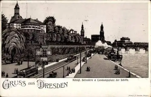 Litho Dresden Altstadt, Königl. Belvedere und Landungsplatz der Schiffe