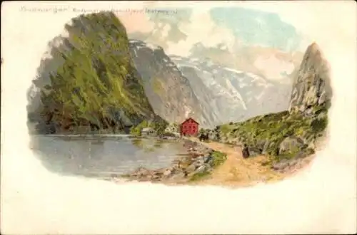 Litho Gudvangen Norwegen, Endpunkt des Naeröfjordes