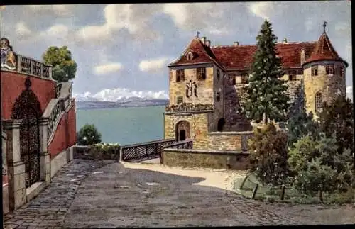 Künstler Ak Meersburg am Bodensee, Brücke, Eingang zum alten Schloss