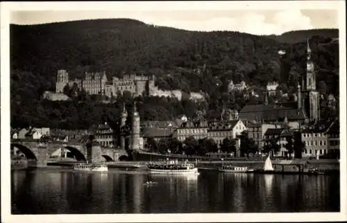 Ak Heidelberg am Neckar, Teilansicht, Schloss, Kirchturm, Brücke