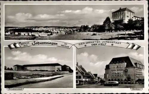 Ak Schwenningen am Neckar, Panorama, Rathaus, Bus, Friedensschule