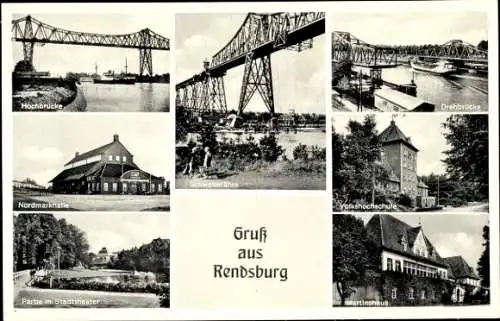 Ak Rendsburg, Hochbrücke, Schwebefähre, Drehbrücke, Nordmarkhalle, Martinshaus, Stadttheater