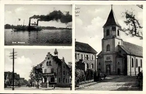 Ak Elchesheim Baden-Württemberg, Rathaus, Kirche, Kriegerdenkmal, Rhein, Dampfschiff