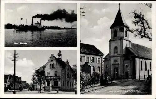 Ak Elchesheim Baden-Württemberg, Rathaus, Kirche, Kriegerdenkmal, Rhein, Dampfschiff