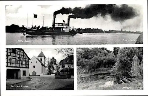 Ak Ottenheim Schwanau am Rhein, Dampfer, bei der Kirche, Altrhein