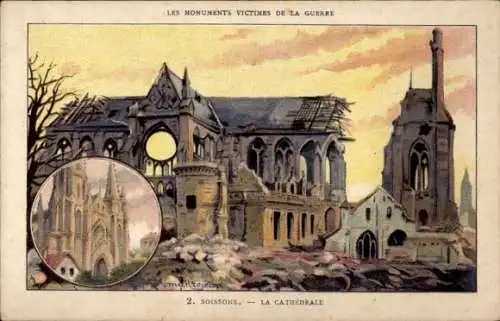 Künstler Litho Soissons Aisne, zerstörte Kathedrale