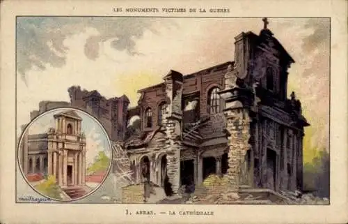 Künstler Litho Maitrejean, Arras Pas de Calais, Ruines de la Cathédrale, I. WK