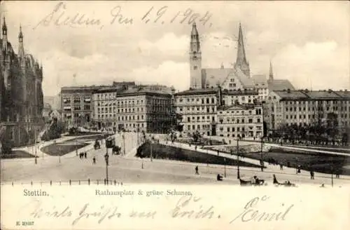 Ak Szczecin Stettin Pommern, Rathausplatz, grüne Schanze