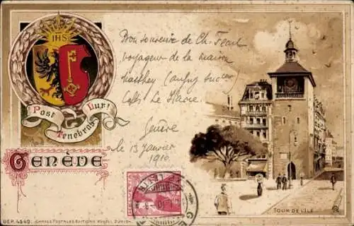 Präge Wappen Litho Genève Genf Stadt, Tour de l'Ile