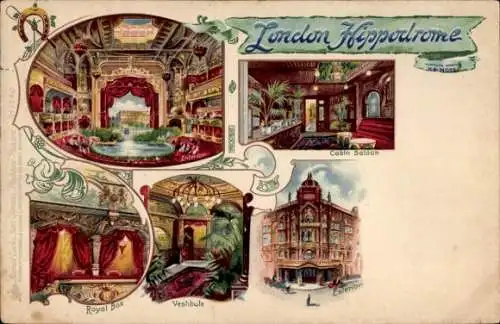 Litho London City England, Hippodrome, Royal Box, Vestibule, Exterior