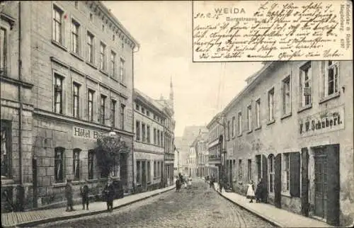 Ak Weida in Thüringen, Burgstraße, Hotel, Geschäft F. W. Schubert