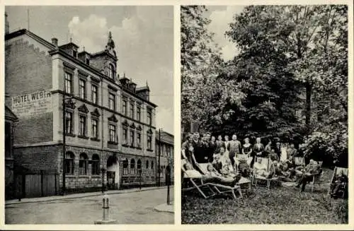 Ak Lehesten Thüringer Wald, Hotel Weber, Gäste im Garten