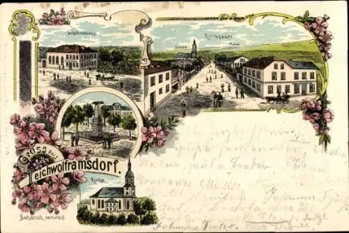 Litho Teichwolframsdorf in Thüringen, Schützenhaus, Kirchgasse, Kriegerdenkmal, Kirche