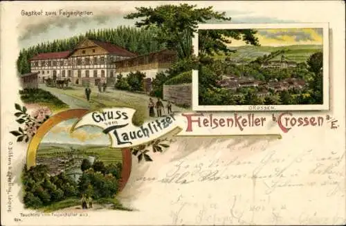 Litho Tauchlitz Crossen an der Elster Thüringen, Gasthof zum Felsenkeller, Panorama Crossen