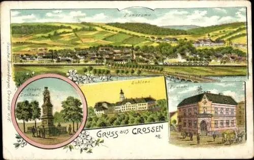 Litho Crossen an der Elster Thüringen, Gesamtansicht, Siegesdenkmal, Schloss, Postamt