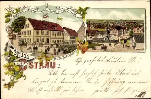 Litho Ostrau in Sachsen, Zur goldenen Taube, Bes. Franz Herrmann, Bundeshotel d. Dt. Radfahrerbundes