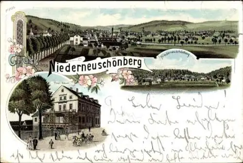 Litho Niederneuschönberg Olbernhau im Erzgebirge, Panorama, Gasthaus Paul G...