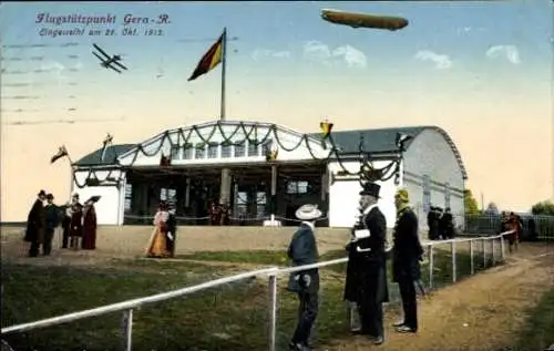 Ak Gera Thüringen, Flugstützpunkt, eingeweiht 1913, Zeppelin, Besucher