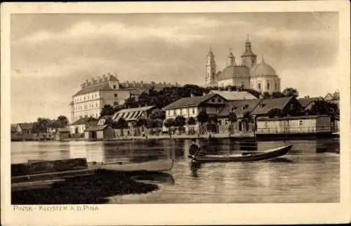 Ak Pinsk Weißrussland, Fluss, Ruderboot, Kirche