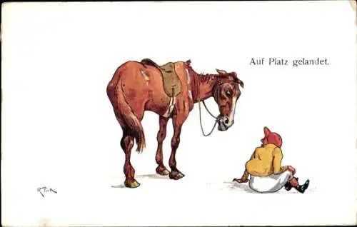 Künstler Ak Pick, R., Auf Platz gelandet, Pferd, Sattel, Jockey