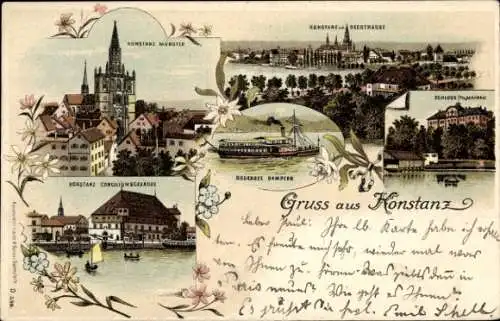 Litho Konstanz am Bodensee, Münster, Conciliumsgebäude, Dampfer, Schloss Mainau