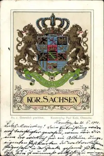 Wappen Ak Königreich Sachsen, Königlich Sächsisches Wappen, Löwen, Providentiae Memor