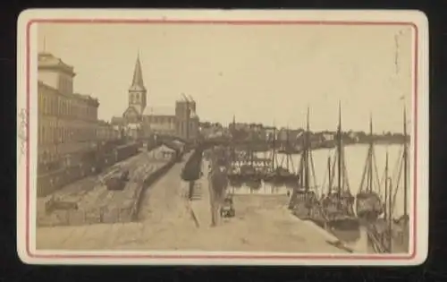 Cdv Fot Köln Kaimauer mit Binnenschiffen auf dem Rhein, Häuserzeile, Kirche