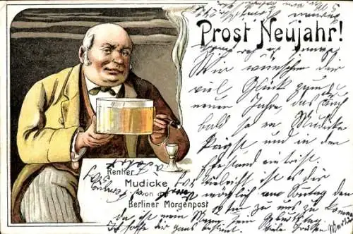 Litho Glückwunsch Neujahr, Rentier Mudicke von der Berliner Morgenpost