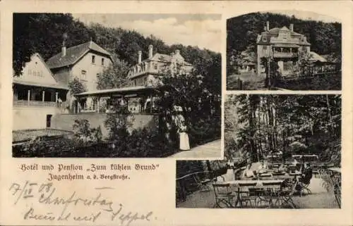 Ak Jugenheim an der Bergstraße Hessen, Hotel Pension zum kühlen Grund, Terrasse, Außenansicht