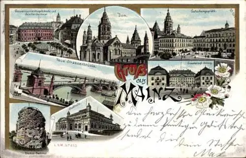 Litho Mainz am Rhein, neue Straßenbrücke, Dom, Gutenbergsplatz, Schillerdenkmal, Stadthalle