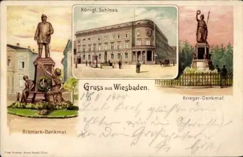 Litho Wiesbaden in Hessen, Königliches Schloss, Kriegerdenkmal, Bismarckdenkmal