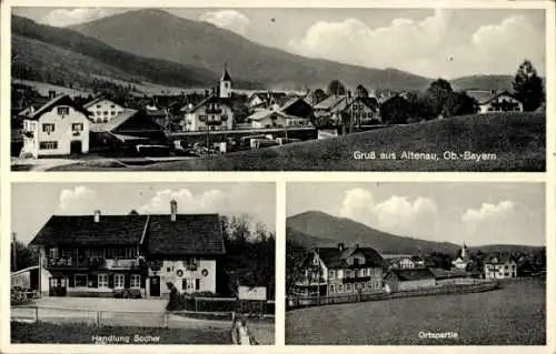 Ak Altenau Saulgrub in Oberbayern, Panorama, Teilansicht, Geschäftshaus Sacher