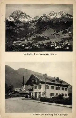 Ak Bayrischzell im Mangfallgebirge Oberbayern, Panorama,Wendelstein, Bäckerei M. Bschorer, Kirchturm