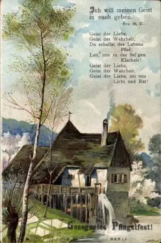 Künstler Litho Fröhliche Pfingsten, Wassermühle