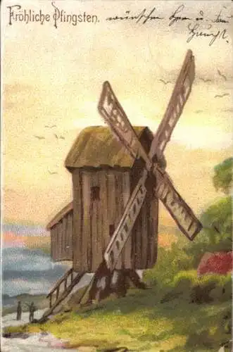 Künstler Ak Fröhliche Pfingsten, Windmühle