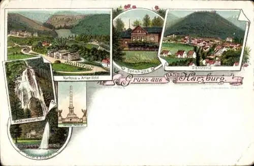 Litho Bad Harzburg am Harz, Kurhaus, Actien Hotel, Sennhütte, Panorama, Radauwasserfall