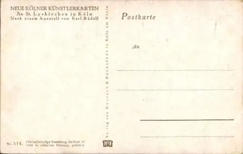 Künstler Ak Rüdell, Karl, Köln am Rhein, An St. Lyskirchen, Turm, Boote