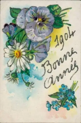 Glitzer Litho Glückwunsch Neujahr 1904, Blumen, Margeriten, Vergissmeinnicht