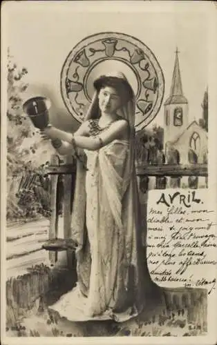 Ak Allegorie, April, Frau läutet eine Glocke, Kirche