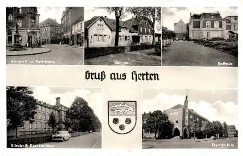 Ak Herten im Ruhrgebiet, Kaiserstraße, Sparkasse, Bahnhof, Rathaus, Elisabeth-Krankenhaus, Gymnasium