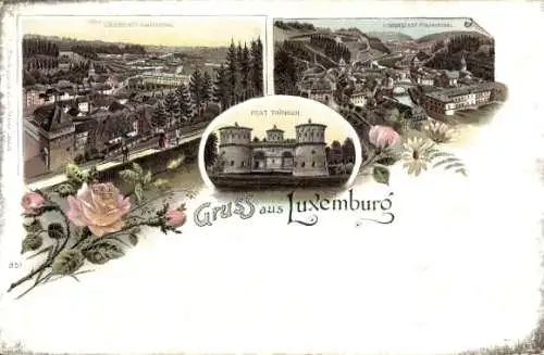 Litho Luxemburg Luxembourg, Gesamtansicht, Burg, Rosen