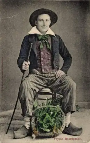 Ak Französische Volkstracht, Bauer, Korb, Gehstock