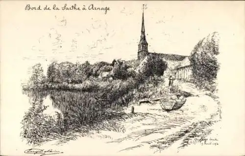 Künstler Ak DeLatre, Eugène Arnage Sarthe, Ruderboot, Saint Gilles Kirche, Fluss