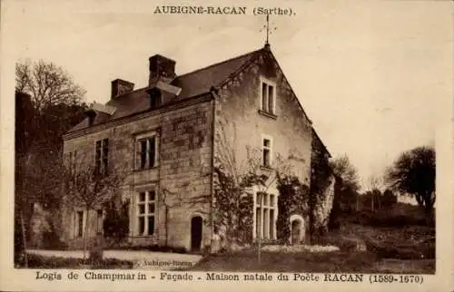 Ak Aubigné Racan Sarthe, Logis de Champmarin, Fassade, Geburtsort des Dichters Racan