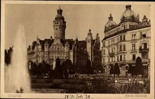 Ak Leipzig in Sachsen, neues Rathaus, Springbrunnen